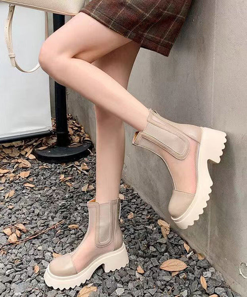 Apricot Stylish Hollow Out Breathable Tulle Splicing Chunky Boots JJ050 Shoe-XZ240609
