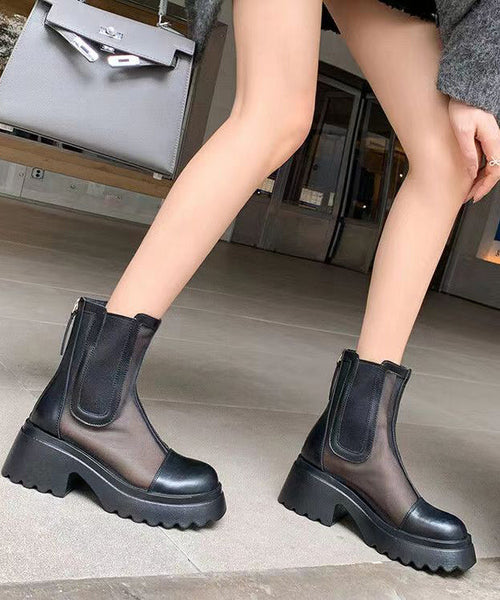 Apricot Stylish Hollow Out Breathable Tulle Splicing Chunky Boots JJ050 Shoe-XZ240609