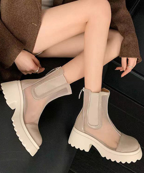 Apricot Stylish Hollow Out Breathable Tulle Splicing Chunky Boots JJ050 Shoe-XZ240609