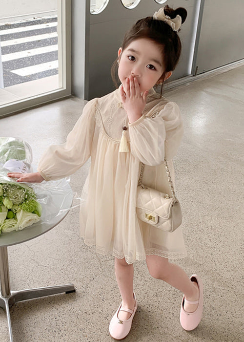 Apricot Tasseled Zippered Tulle Girls Dress Stand Collar Fall XZ058 FALL-MM-RCTZ-FDGL240618