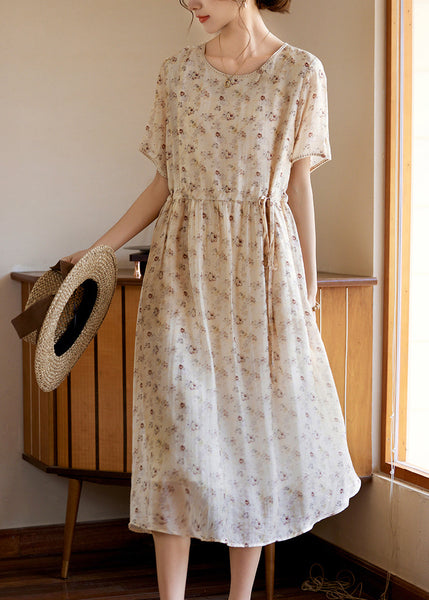 Apricot Tie Waist Silk Vacation Maxi Dresses Short Sleeve WW053 OL-SDL240812