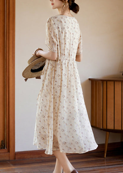 Apricot Tie Waist Silk Vacation Maxi Dresses Short Sleeve WW053 OL-SDL240812