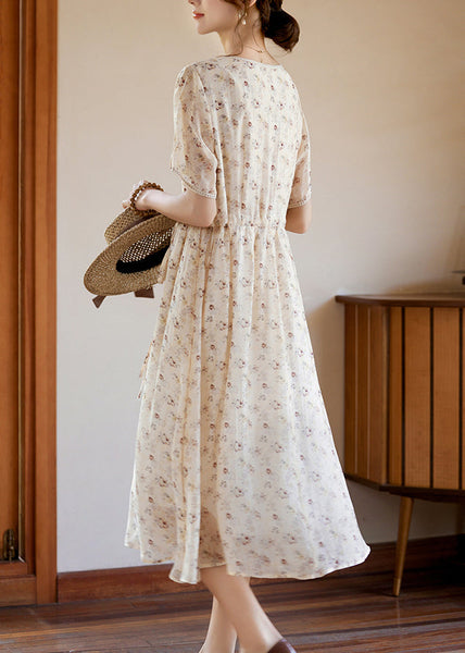 Apricot Tie Waist Silk Vacation Maxi Dresses Short Sleeve WW053 OL-SDL240812