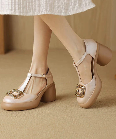 Zircon Chunky Sandals Apricot Heels Hollow Splicing Out FashionChic