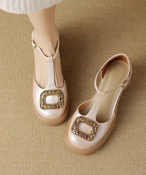 Zircon Chunky Sandals Apricot Heels Hollow Splicing Out FashionChic