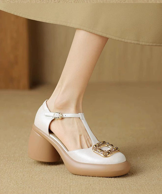 Zircon Chunky Sandals Apricot Heels Hollow Splicing Out FashionChic