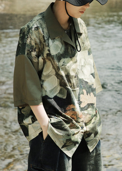 Army Green Cuban Collar Retro Floral Men's Shirt Short Sleeved HG014 Men-Silk-MENSTP240725