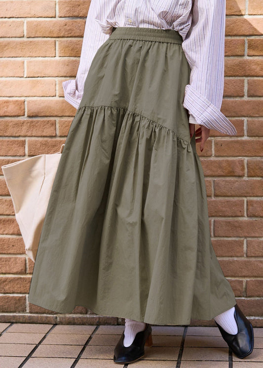 Fall Green Exra Large Hem Army Skirts Patchwork Cotton FashionChic