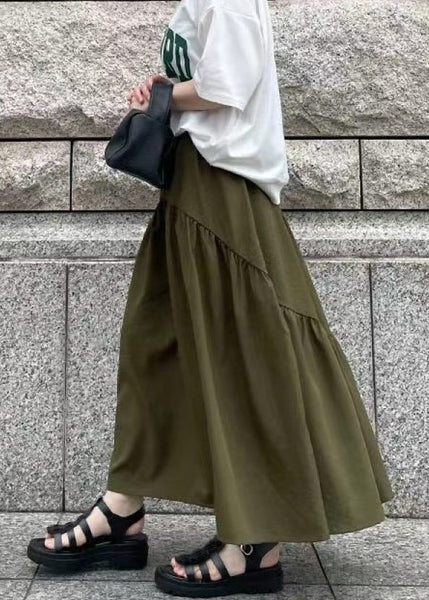 Fall Green Exra Large Hem Army Skirts Patchwork Cotton FashionChic