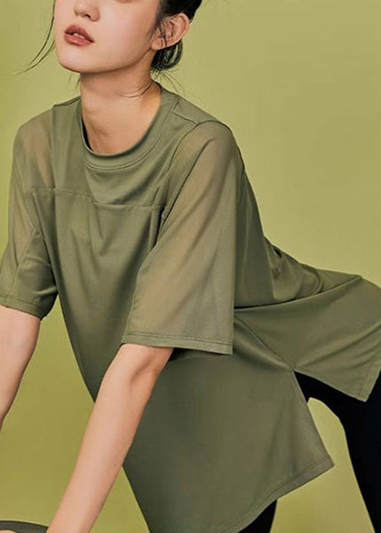 Yoga Tops Summer Army Side Green Open Patchwork FashionChic