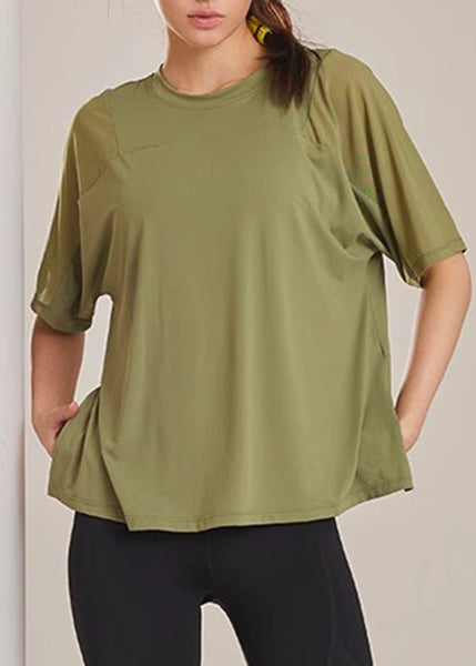 Yoga Tops Summer Army Side Green Open Patchwork FashionChic