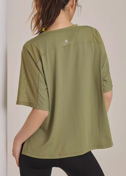 Yoga Tops Summer Army Side Green Open Patchwork FashionChic