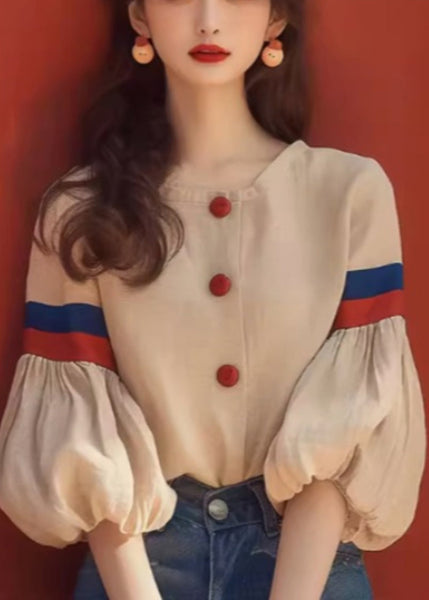 Apricot Patchwork Sleeve Cotton O-Neck Blouse Lantern Art FashionChic