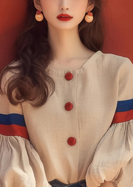 Apricot Patchwork Sleeve Cotton O-Neck Blouse Lantern Art FashionChic