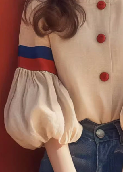 Apricot Patchwork Sleeve Cotton O-Neck Blouse Lantern Art FashionChic