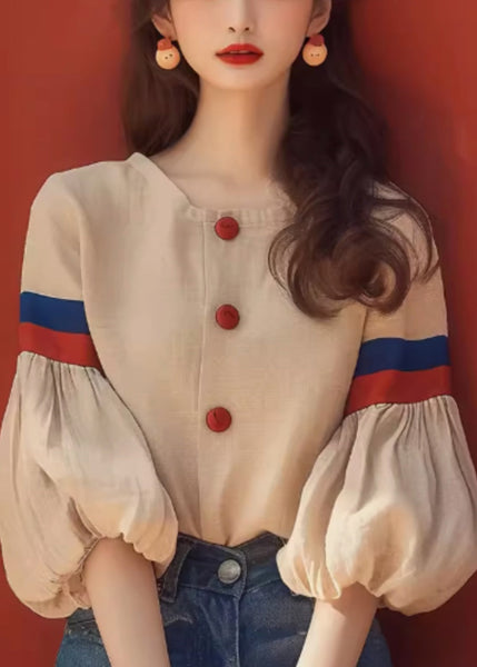 Apricot Patchwork Sleeve Cotton O-Neck Blouse Lantern Art FashionChic