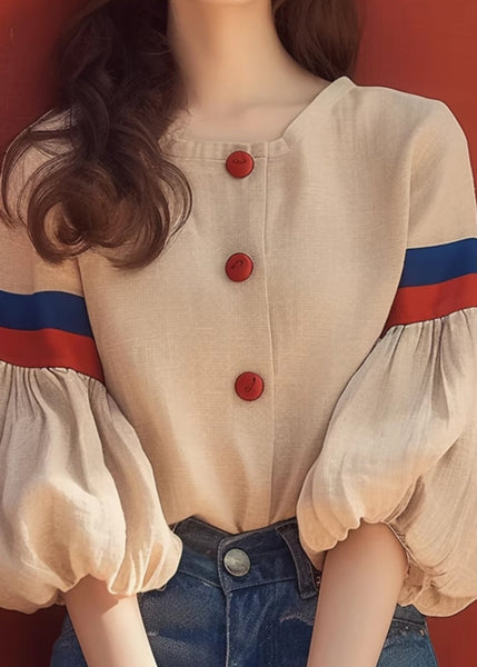 Apricot Patchwork Sleeve Cotton O-Neck Blouse Lantern Art FashionChic