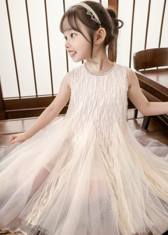 Art Apricot O-Neck Patchwork Tulle Girls Long Dress Sleeveless XZ030 SDGL240618