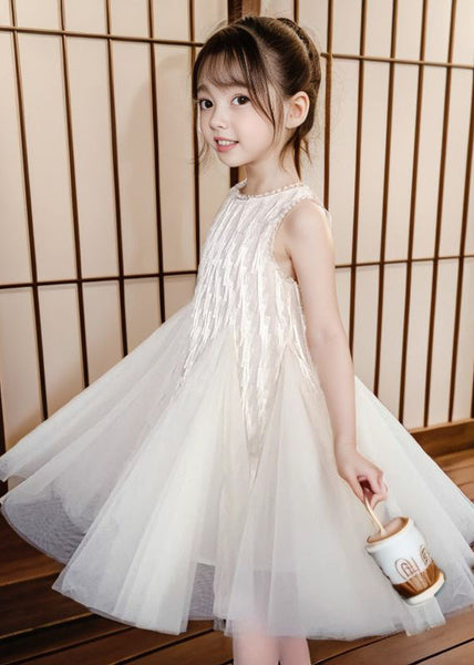 Art Apricot O-Neck Patchwork Tulle Girls Long Dress Sleeveless XZ030 SDGL240618