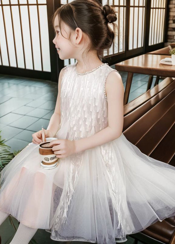 Art Apricot O-Neck Patchwork Tulle Girls Long Dress Sleeveless XZ030 SDGL240618