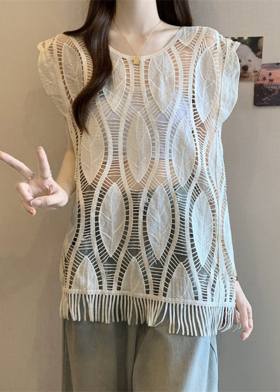 Tank Art Tasseled Out Hollow O-Neck Apricot Summer Cotton FashionChic