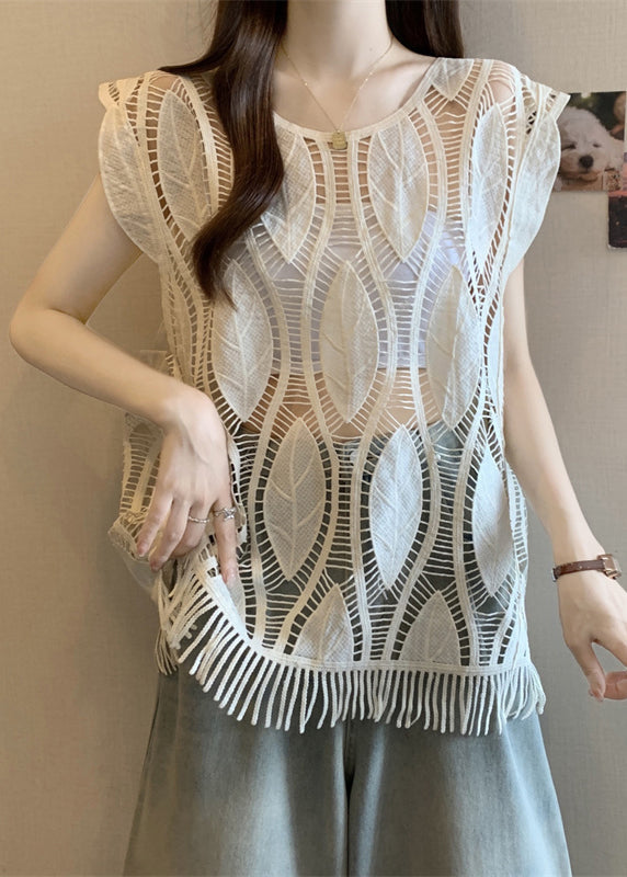 Tank Art Tasseled Out Hollow O-Neck Apricot Summer Cotton FashionChic