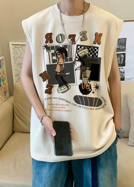 Apricot T Sleeveless Art Cotton Print Men Shirt FashionChic