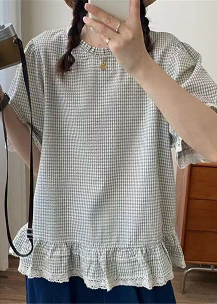 Art Shirt Summer Cotton Plaid Ruffles Apricot FashionChic