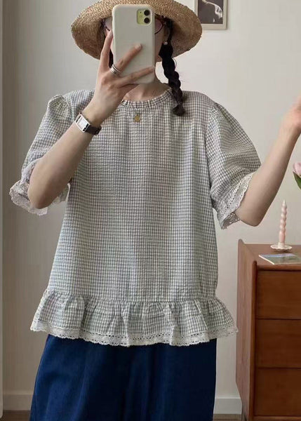 Art Shirt Summer Cotton Plaid Ruffles Apricot FashionChic