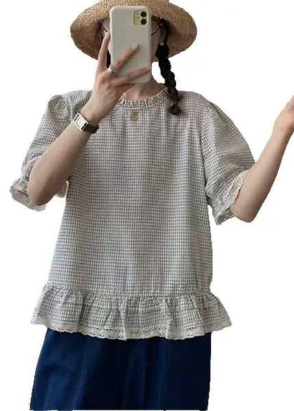 Art Shirt Summer Cotton Plaid Ruffles Apricot FashionChic