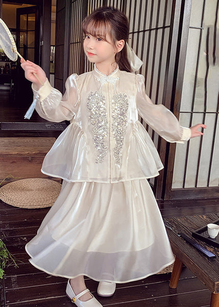 And Silk Two Shirts Kids Maxi Skirts Art Apricot Sequins Button FashionChic