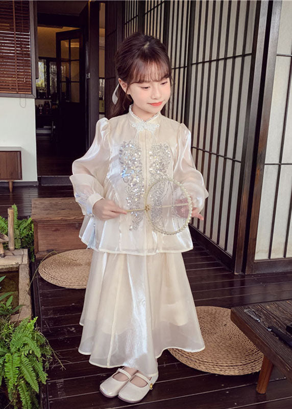 And Silk Two Shirts Kids Maxi Skirts Art Apricot Sequins Button FashionChic