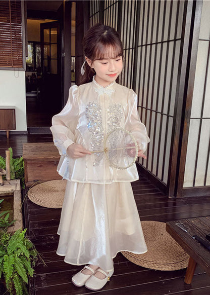 And Silk Two Shirts Kids Maxi Skirts Art Apricot Sequins Button FashionChic