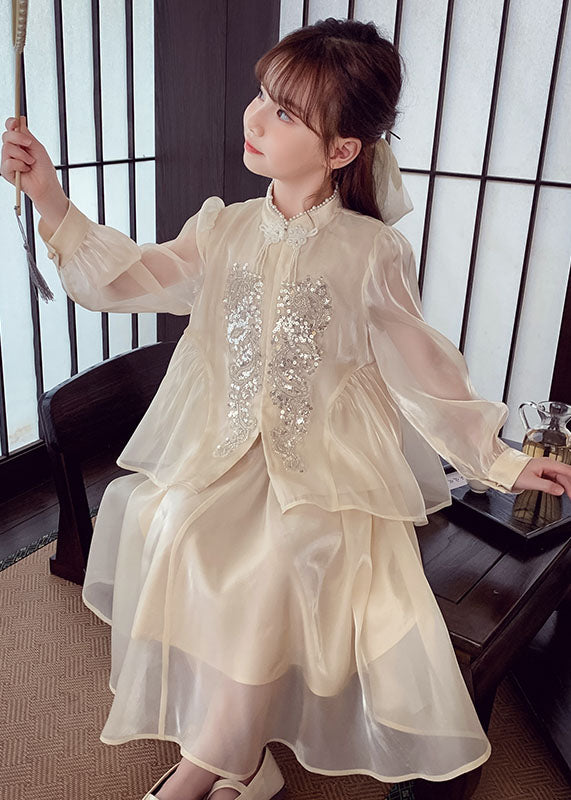 And Silk Two Shirts Kids Maxi Skirts Art Apricot Sequins Button FashionChic