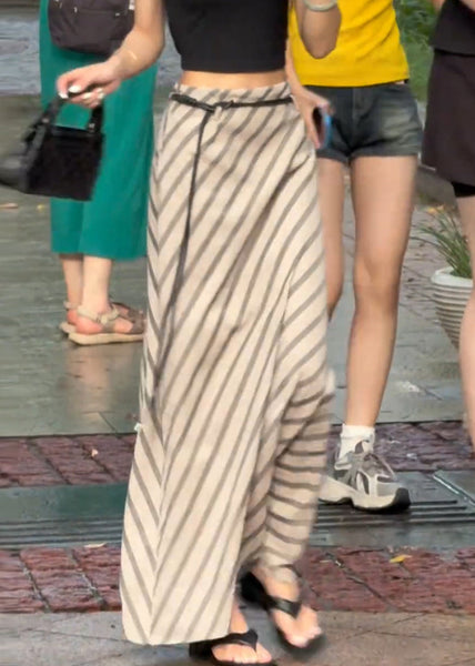 Apricot Cotton Skirts Waist Art Striped High Summer FashionChic