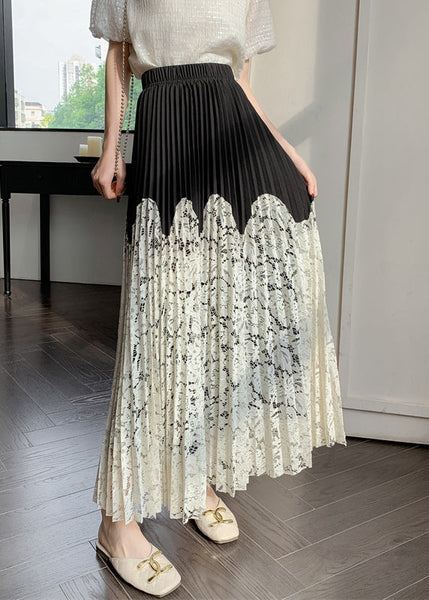 Art Apricot Wrinkled Elastic Waist Lace Patchwork Skirt Summer QT068 OL-SKTS241001