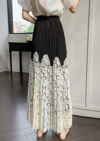 Art Apricot Wrinkled Elastic Waist Lace Patchwork Skirt Summer QT068 OL-SKTS241001