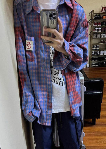 Men Spring Shirts Pockets Art Cotton Plaid Asymmetrical FashionChic