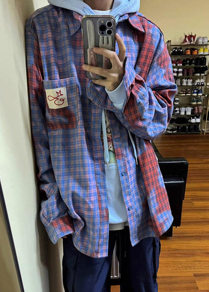 Men Spring Shirts Pockets Art Cotton Plaid Asymmetrical FashionChic