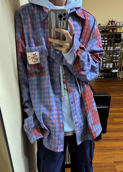Men Spring Shirts Pockets Art Cotton Plaid Asymmetrical FashionChic
