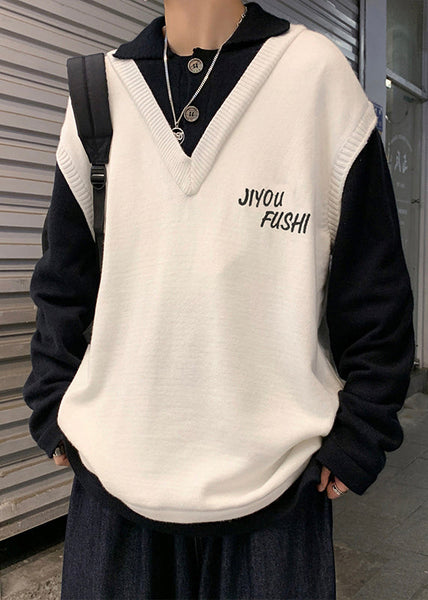 Embroideried Knit Men Art Patchwork Cozy Sweater Spring Beige FashionChic