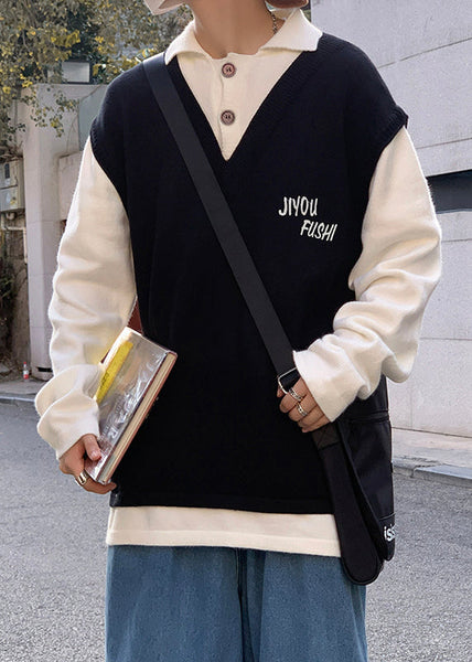 Embroideried Knit Men Art Patchwork Cozy Sweater Spring Beige FashionChic