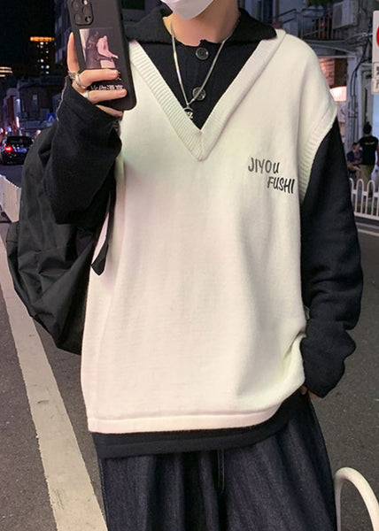 Embroideried Knit Men Art Patchwork Cozy Sweater Spring Beige FashionChic