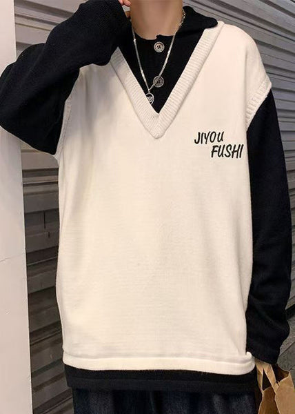 Embroideried Knit Men Art Patchwork Cozy Sweater Spring Beige FashionChic