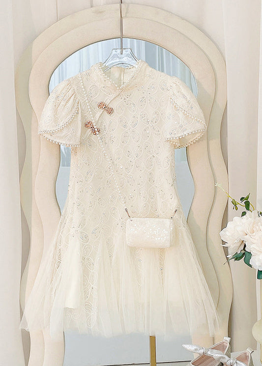 Art Beige Nail Bead Tulle Patchwork Kids Long Dress Short Sleeve MN012 MM-RCTZ-SDL240701