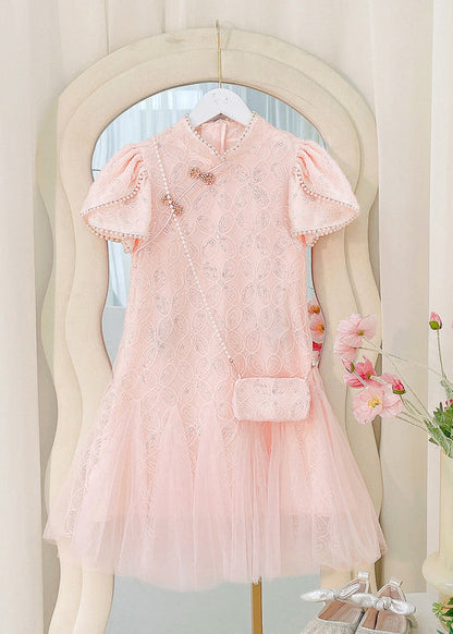 Art Beige Nail Bead Tulle Patchwork Kids Long Dress Short Sleeve MN012 MM-RCTZ-SDL240701