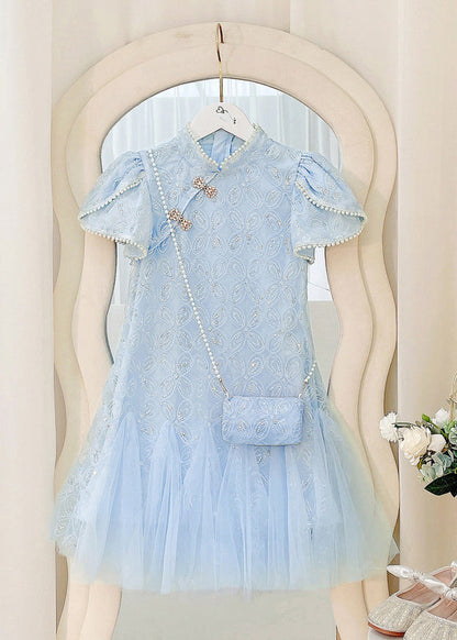 Art Beige Nail Bead Tulle Patchwork Kids Long Dress Short Sleeve MN012 MM-RCTZ-SDL240701