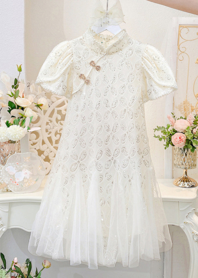 Art Beige Nail Bead Tulle Patchwork Kids Long Dress Short Sleeve MN012 MM-RCTZ-SDL240701