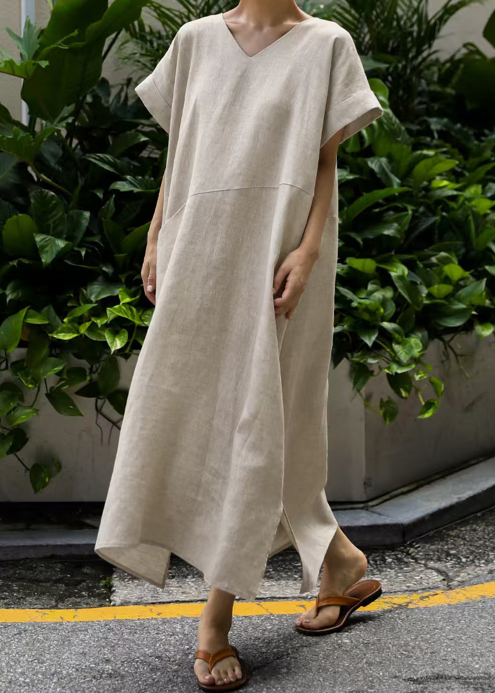 Patchwork Summer Linen Art Oversized Dresses Holiday Beige FashionChic