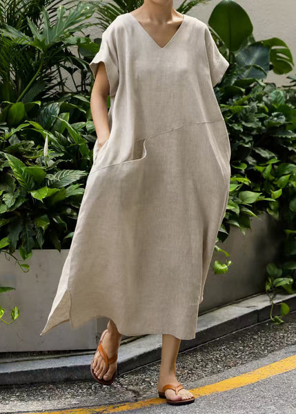 Patchwork Summer Linen Art Oversized Dresses Holiday Beige FashionChic